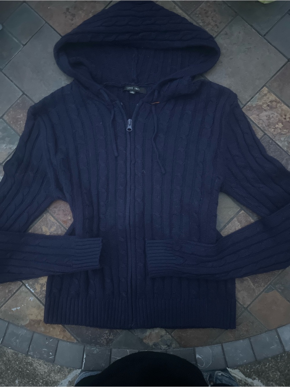 Love Tree Navy Cable-Knit Hooded Zip-Up Sweater